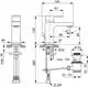 Einzelnes Chrom-Wasserhahn-Modell mit Ablaufsystem, ideal für moderne Badezimmer, von Ideal Standard, dargestellt in technischen Maßen und Ansichten.